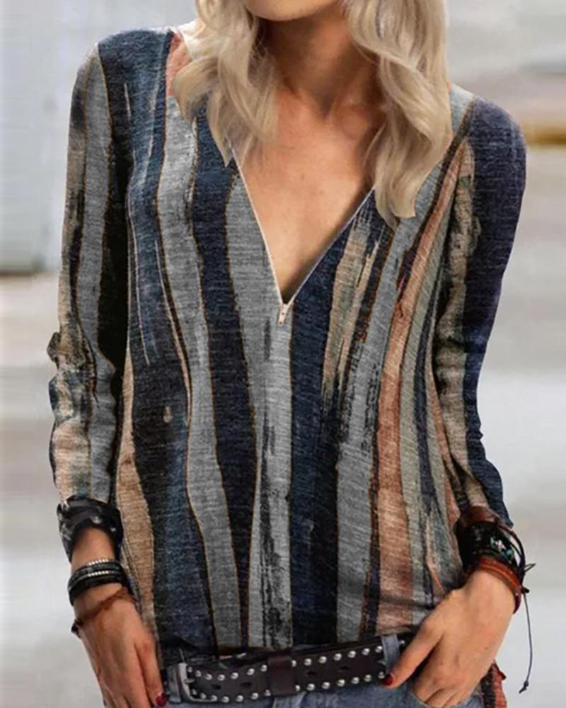 

Colorblock Zipper Design Long Sleeve Top, Gray