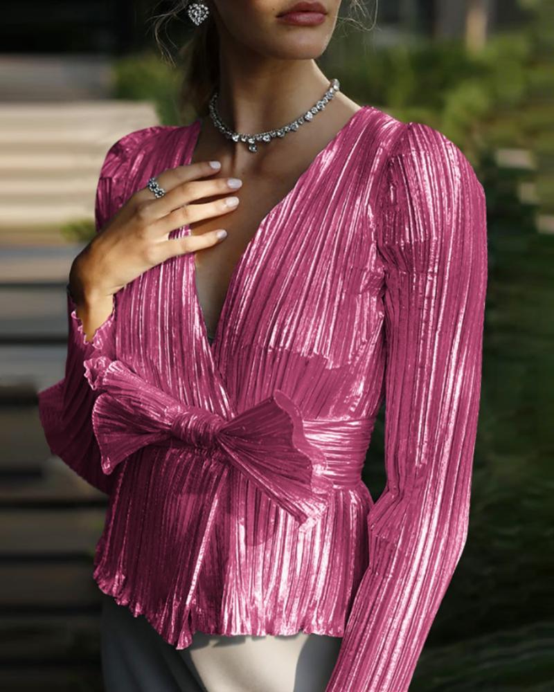 

Solid V Neck Bowknot Design Blouse, Pink