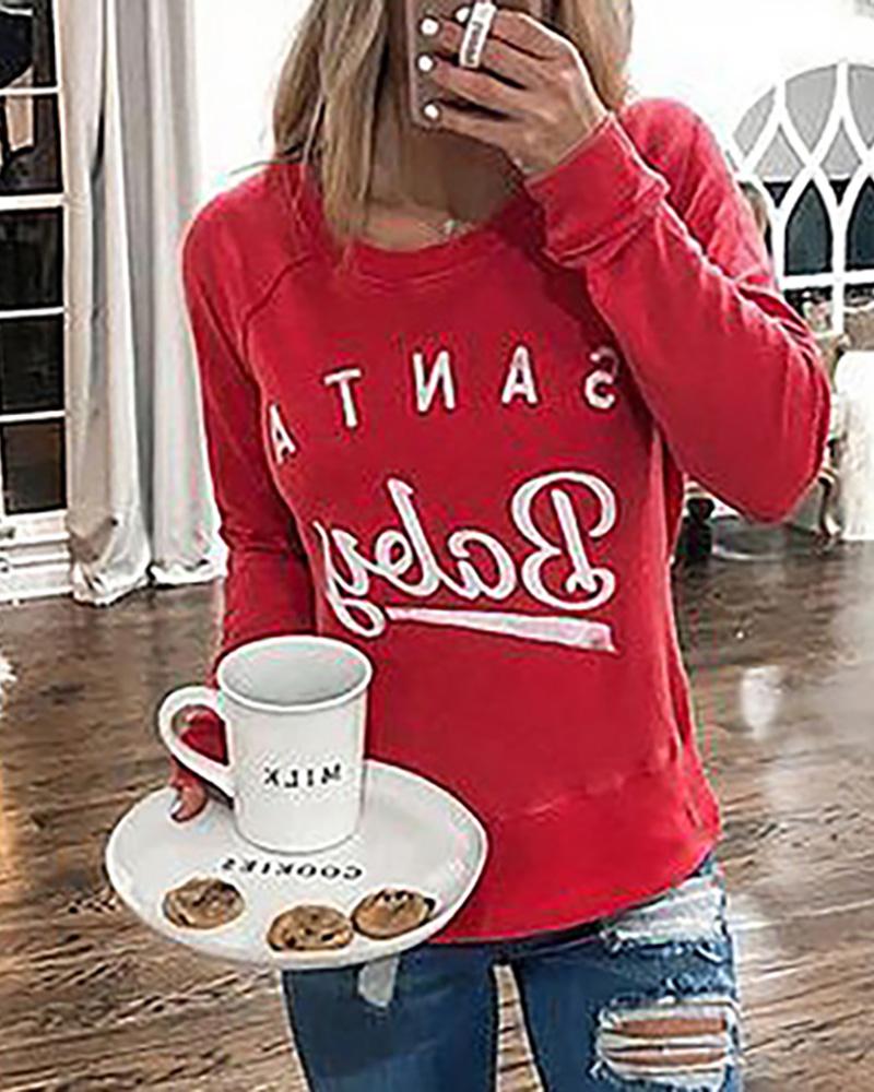 

Christmas Letter Print Long Sleeve Casual Top, Red