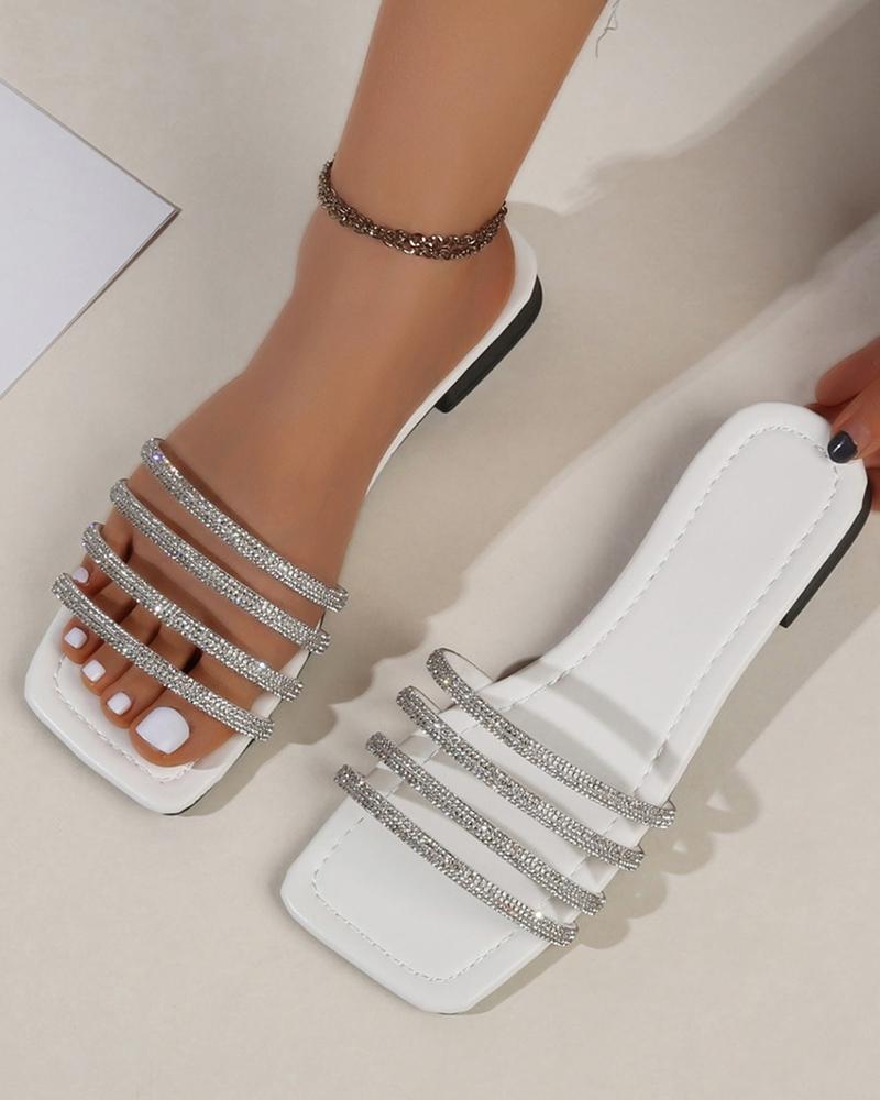 

Rhinestone Strap Square Toe Slippers, White