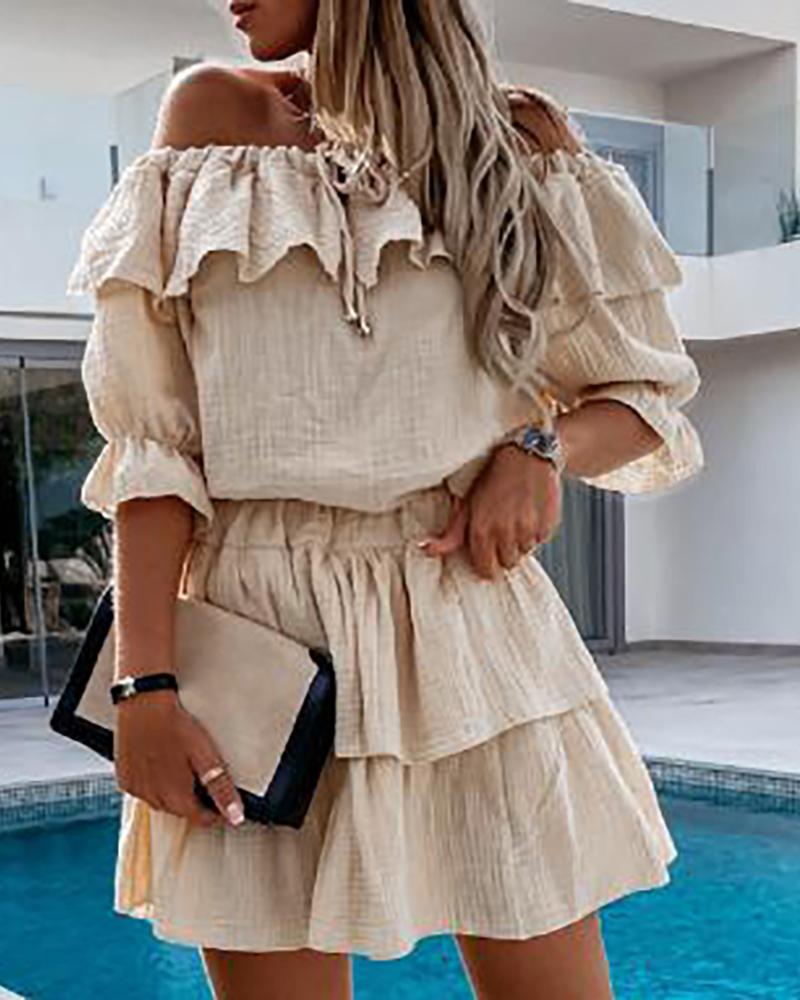 

Off Shoulder Lace Up Ruffle Hem Layered Dress, Apricot