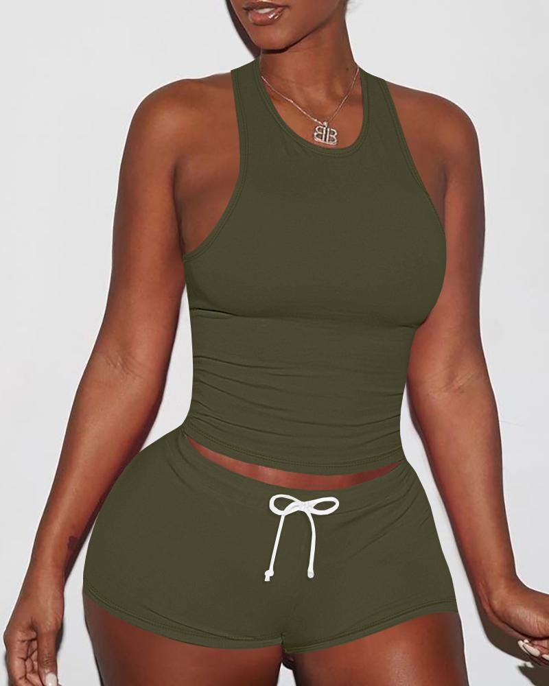 

O-neck Racer Back Top & Drawstring Shorts Set, Army green