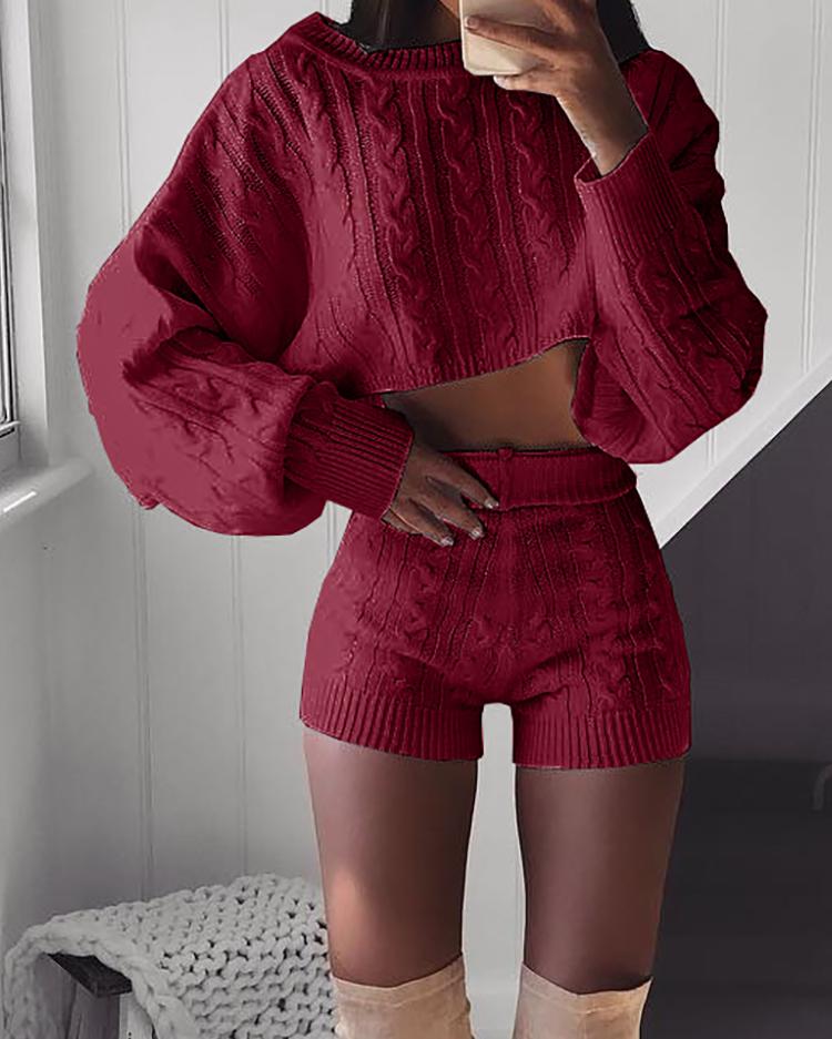 

Knitted Long Sleeve Crop Top & Shorts Sets, Wine red