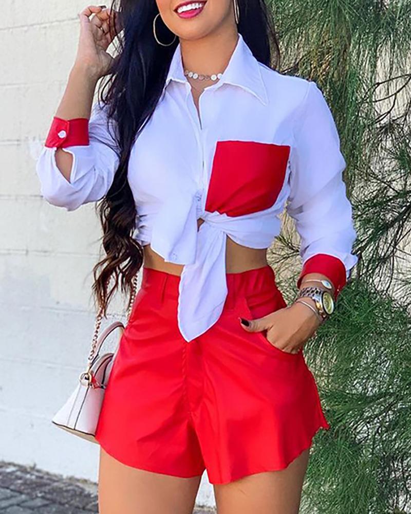 

Colorblock Tie Front Shirt & Pocket Design Plain Shorts Set, Red