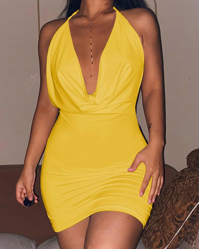 

Solid Color Deep V-Neck Bodycon Dress, Yellow