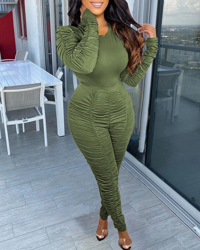 

Ruched Long Sleeve Top & High Waist Pants Set, Green