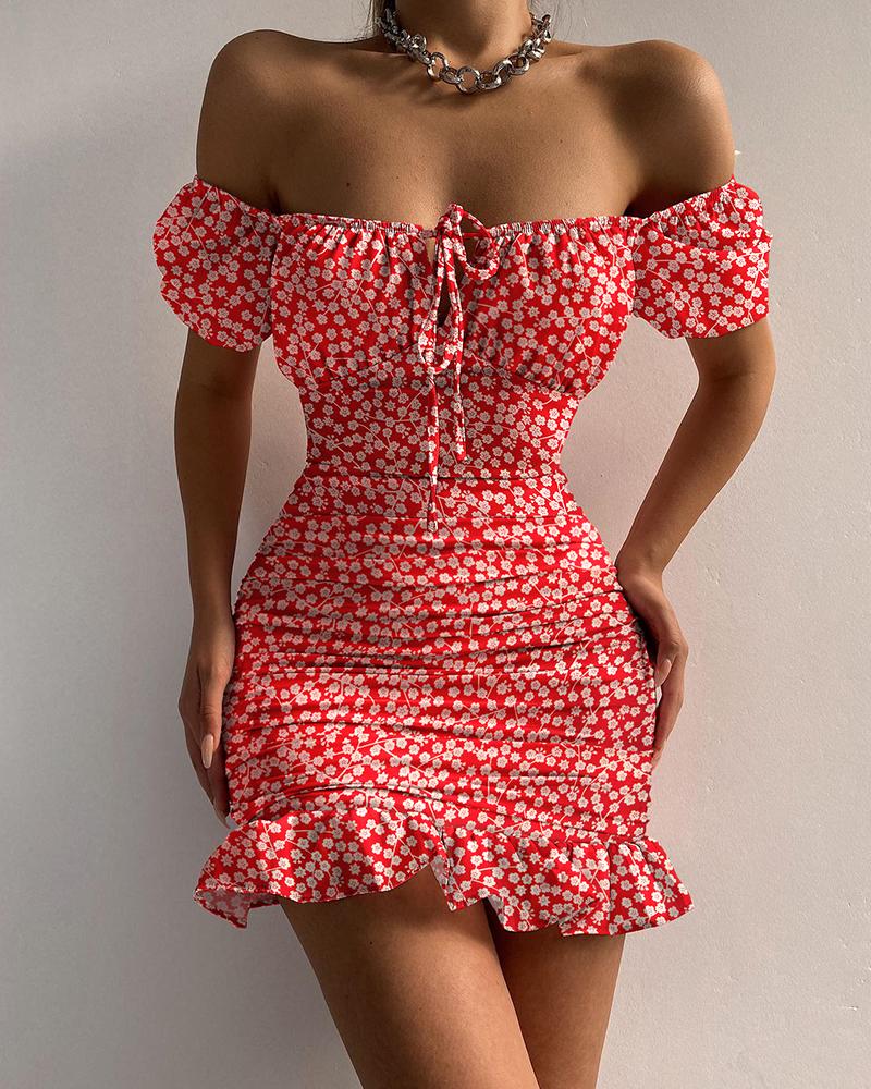 

Off Shoulder Ruffle Hem Ruched Ditsy Floral Print Dress, Red