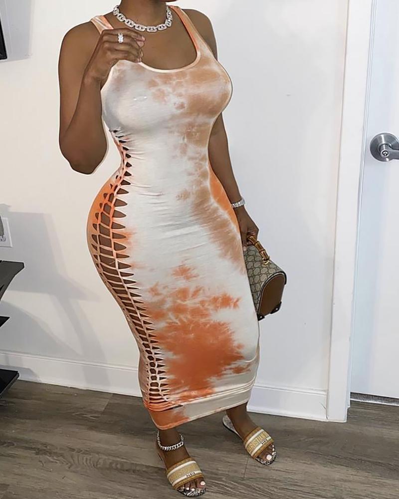 

Tie Dye Print Hollow Out Sleeveless Dress, Orange