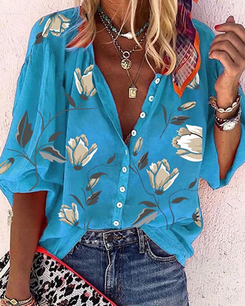 

Floral Print Button Front Lantern Sleeve Shirt, Blue