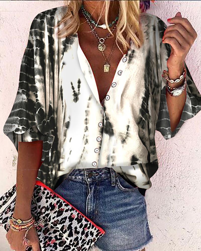 

Tie Dye Print Button Design Lantern Sleeve Shirt, Gray