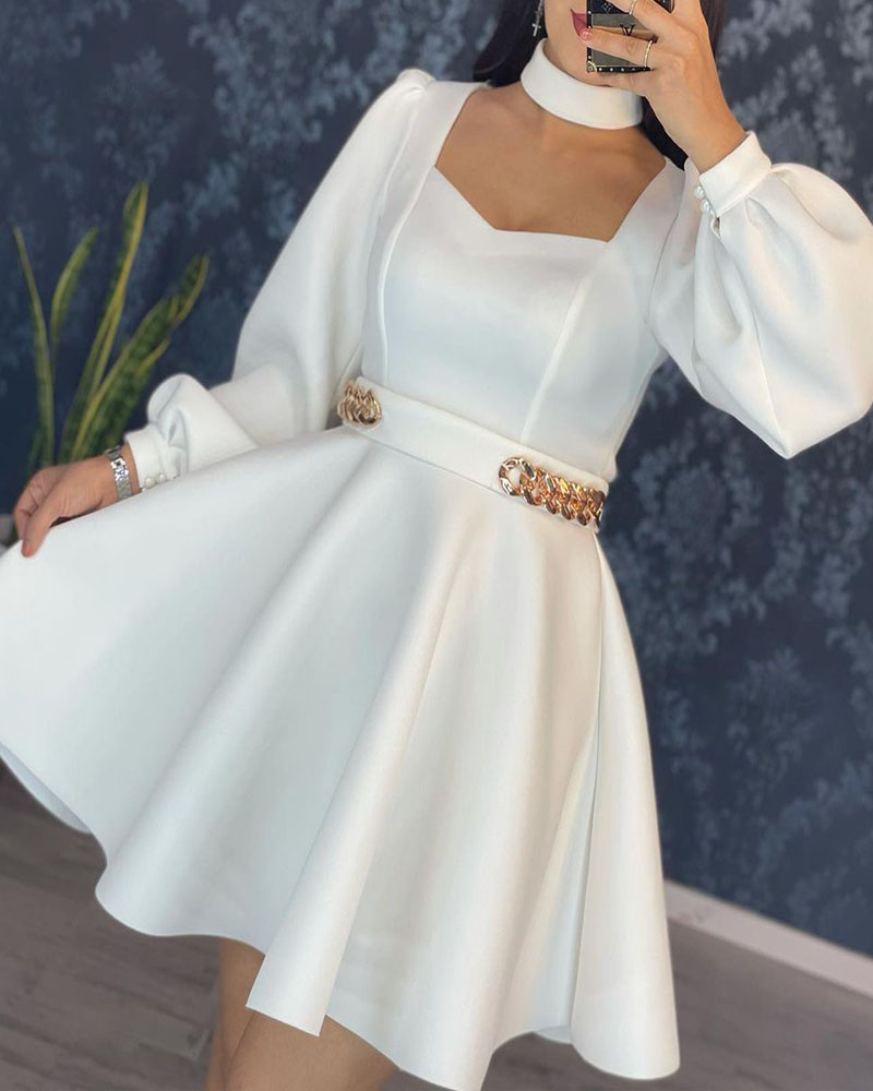 

Chain Decor Lantern Sleeve Party Dress, White