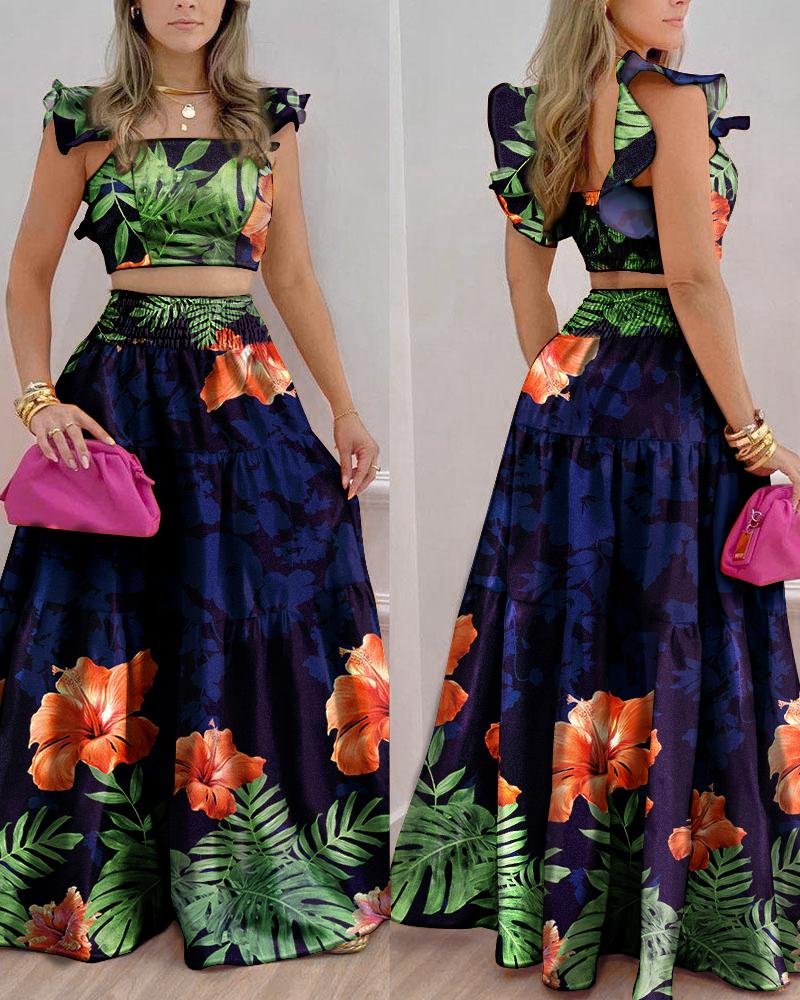 

Tropical Print Shirred Crop Top & Skirt Set, Multicolor