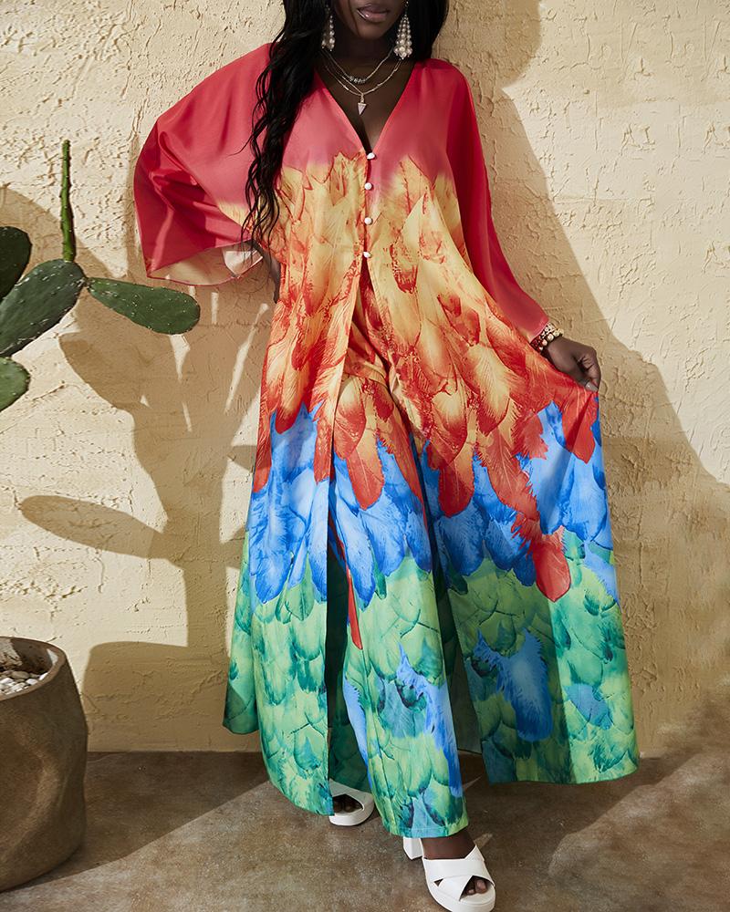 

Feather Print Longline Top & Pants Set, Multicolor