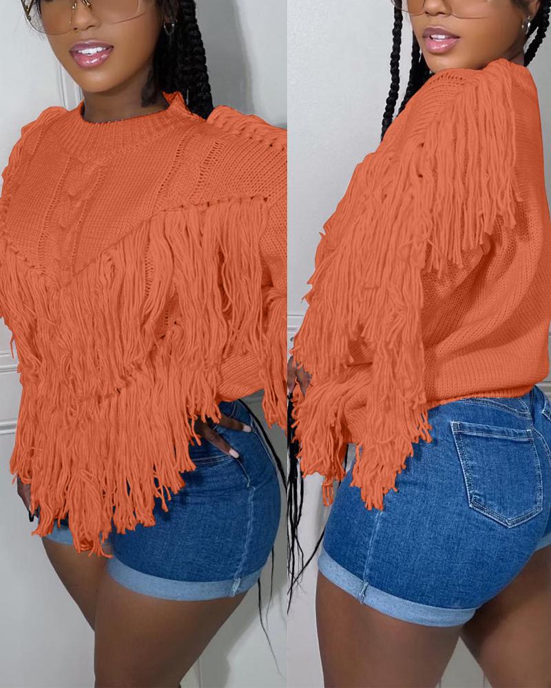 

Long Sleeve Tassel Trim Cable Knit Sweater, Orange