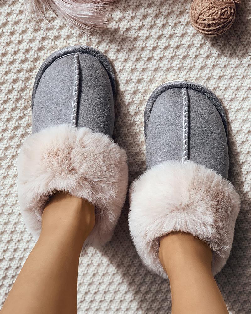 

Suede Fluffy Casual Slide Slippers, Light gray