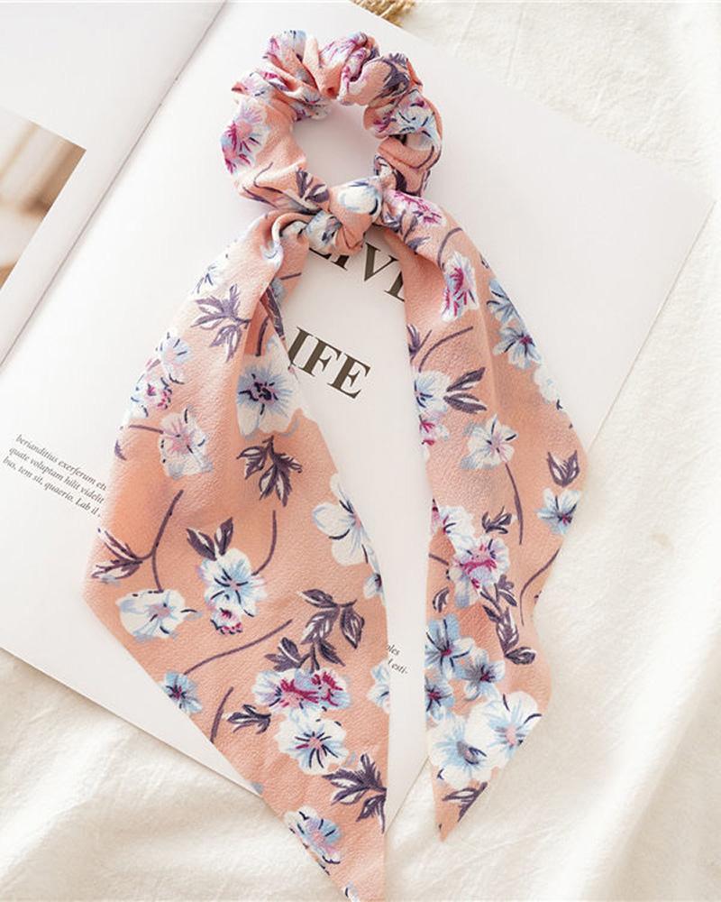 

1pcs Ponytail Rope Knotted Floral Print Hair Rope, Pink