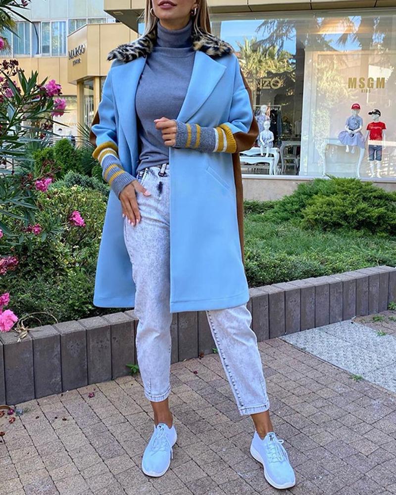 

Color Block Long Trench Coat Single Breasted Detachable Fuzzy Leopard Pattern Lapel Overcoat, Sky blue