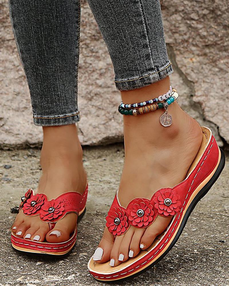 

Floral Pattern Toe Post Wedge Flip Flops, Red