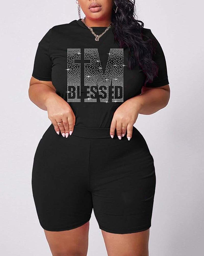 

Short Sleeve Rhinestone Letter Pattern T-shirt & Shorts Set, Black