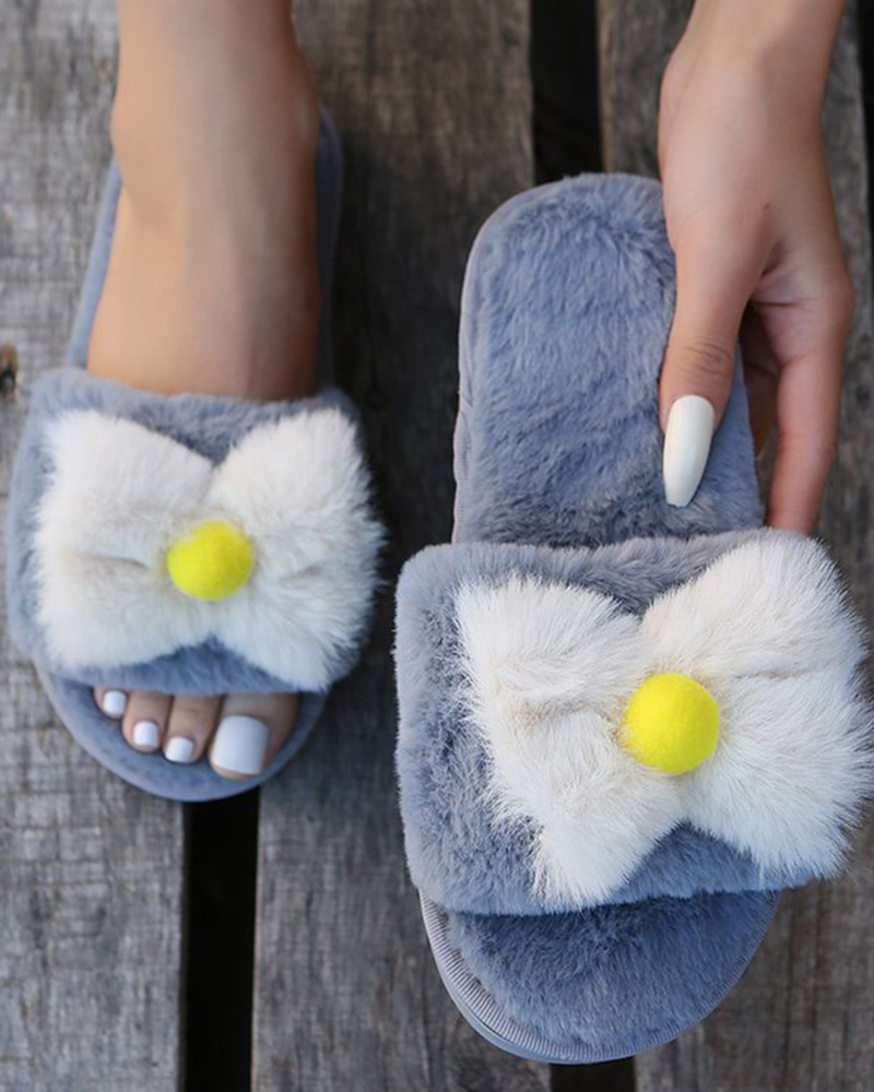 

Bowknot Design Fuzzy Slippers, Gray