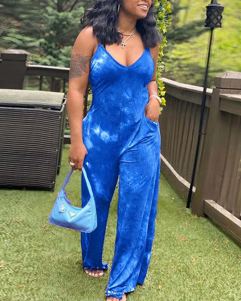 

Tie Dye Print Spaghetti Strap Jumpsuit, Blue