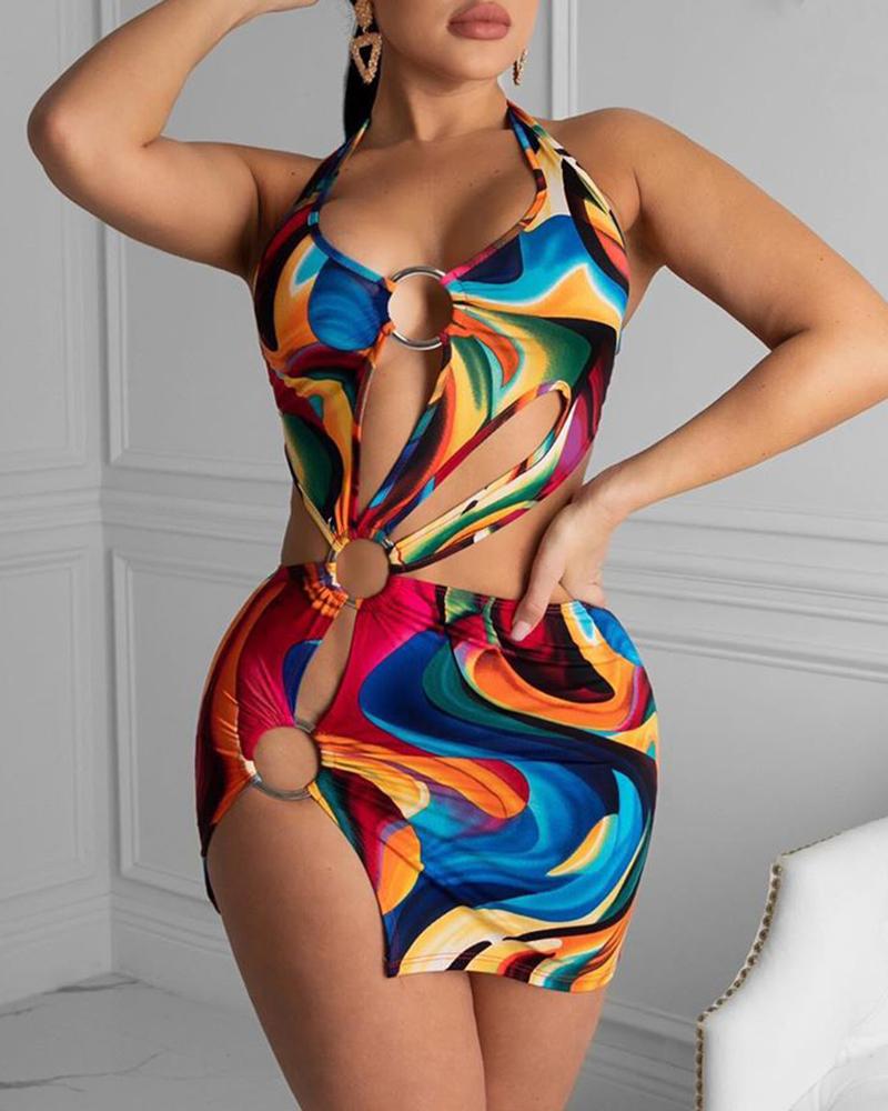 

Colorful Print Slit Cut Out Dress, Multicolor