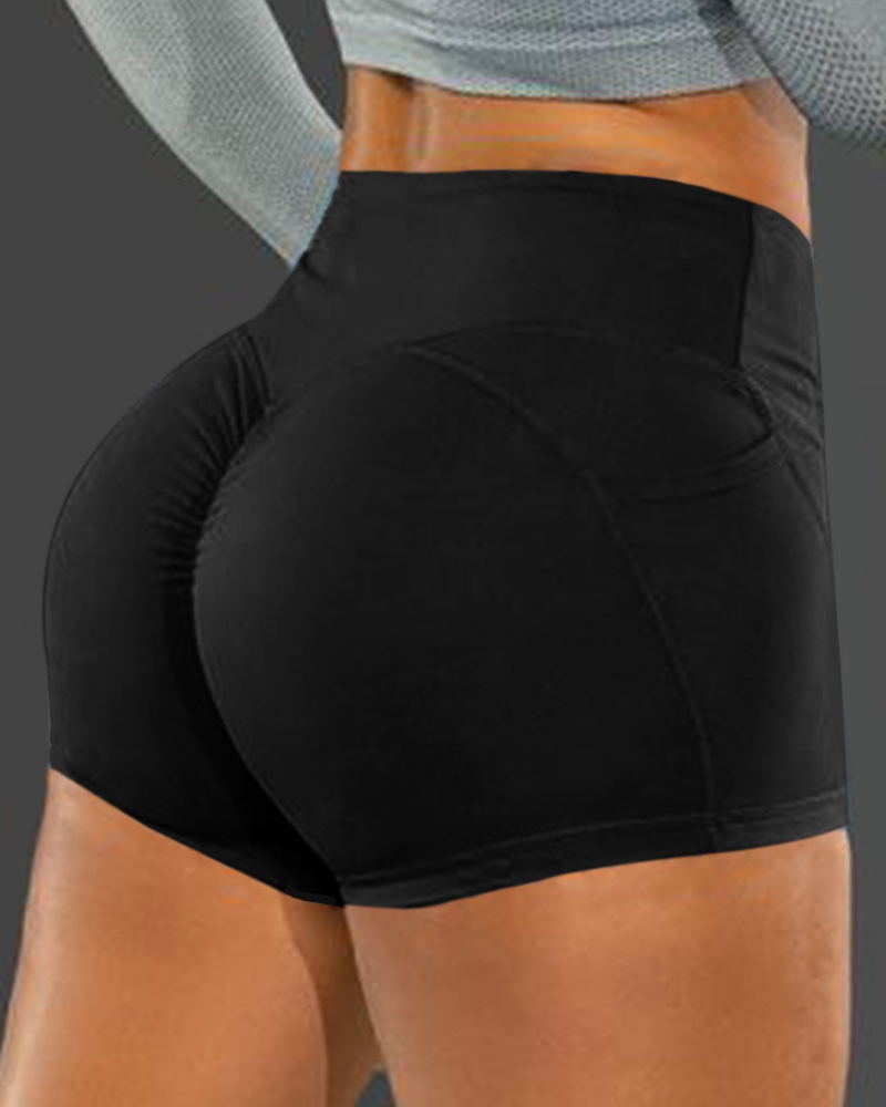 

High Waist Plain Butt Lifting Yoga Shorts, Black
