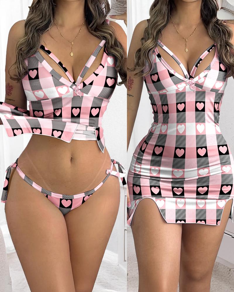 

Heart Plaid Print Spaghetti Strap V Neck Babydoll Sexy Slim Fit Slit Sleepwear, Pink
