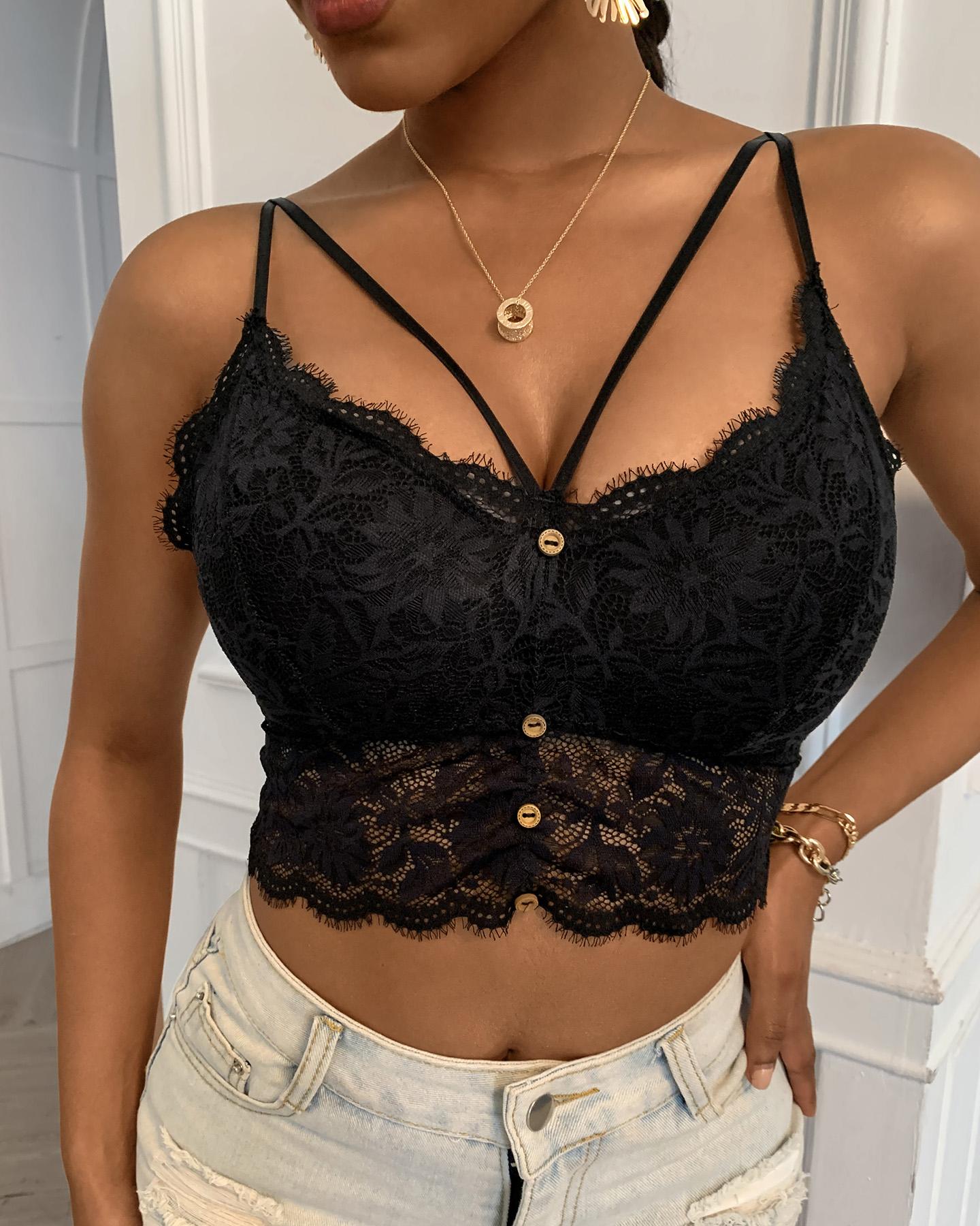 

Eyelash Lace Cutout Buttoned Crop Top, Black