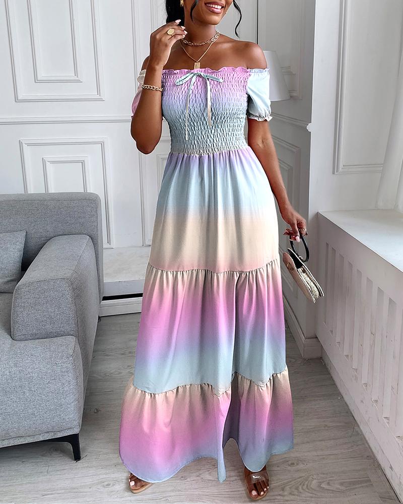 

Off Shoulder Gradient Print Shirring Detail Maxi Dress, Multicolor