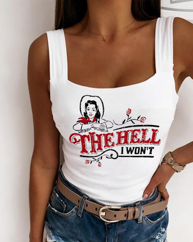 

Letter Figure Print Ribbed Tank Top, White