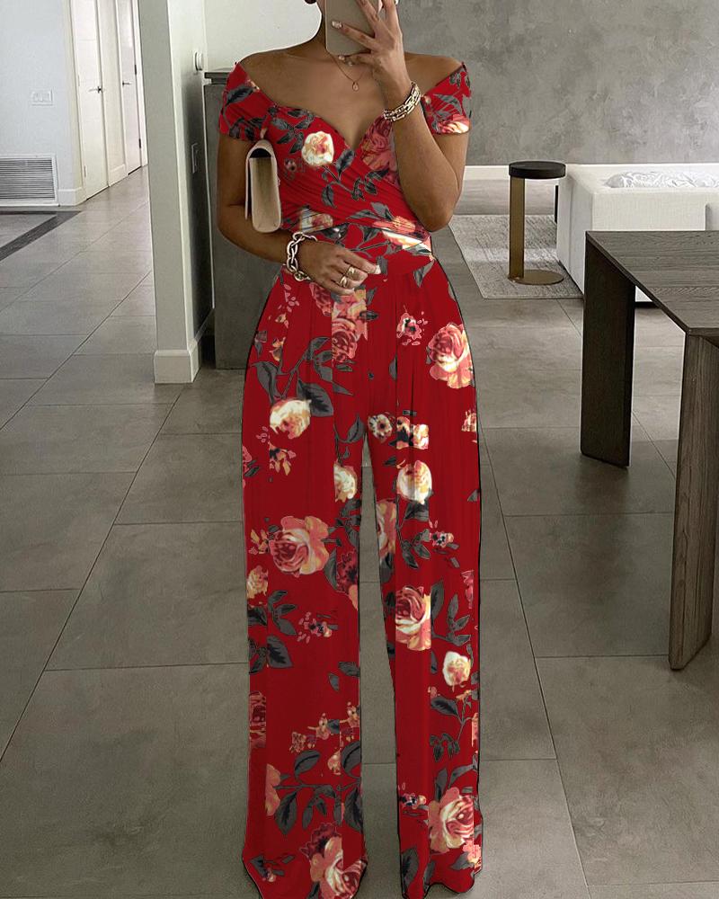 

Floral Print Short Sleeve Wide Leg Jumpsuit, Red