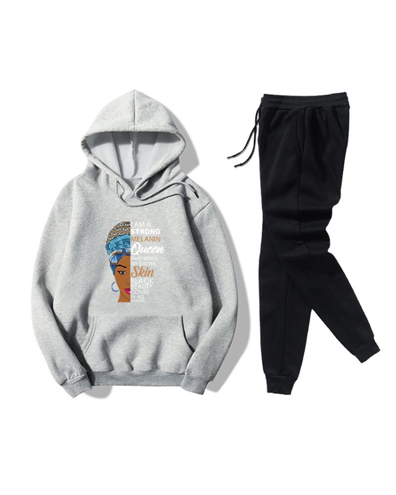 

Face Print Long Sleeve Hooded Loose Sweatshirts Suit Sets, Gray