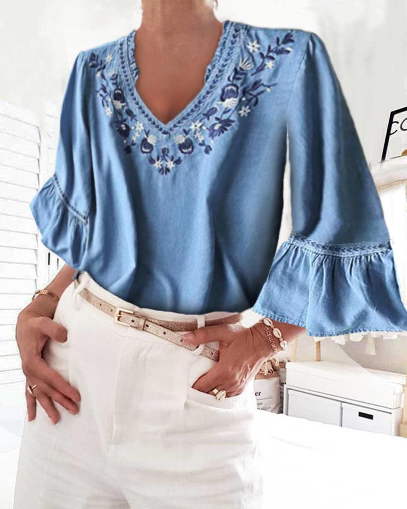 

Denim Bell Sleeve Floral Embroidery Blouse, Light blue