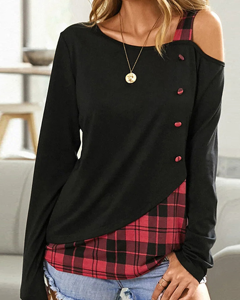 

Contrast Plaid Cold Shoulder Top, Black