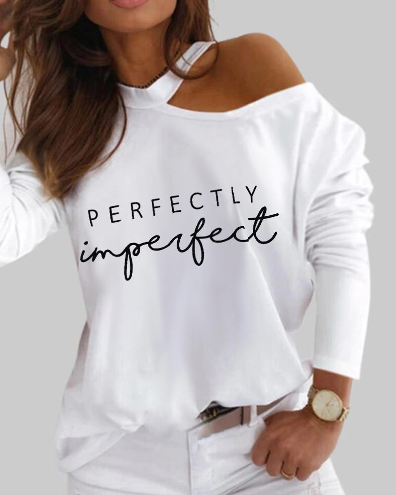 

Letter Print One Shoulder Long Sleeve Top, White