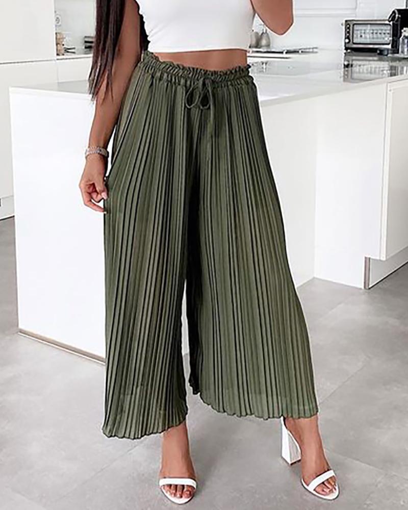 

Frill Hem Drawstring Pleated Wide Leg Pants, Green