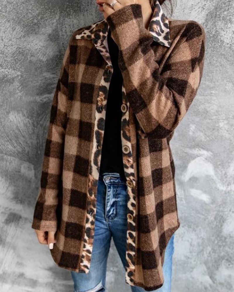 

Plaid Print Leopard Patch Button Up Shacket, Coffee