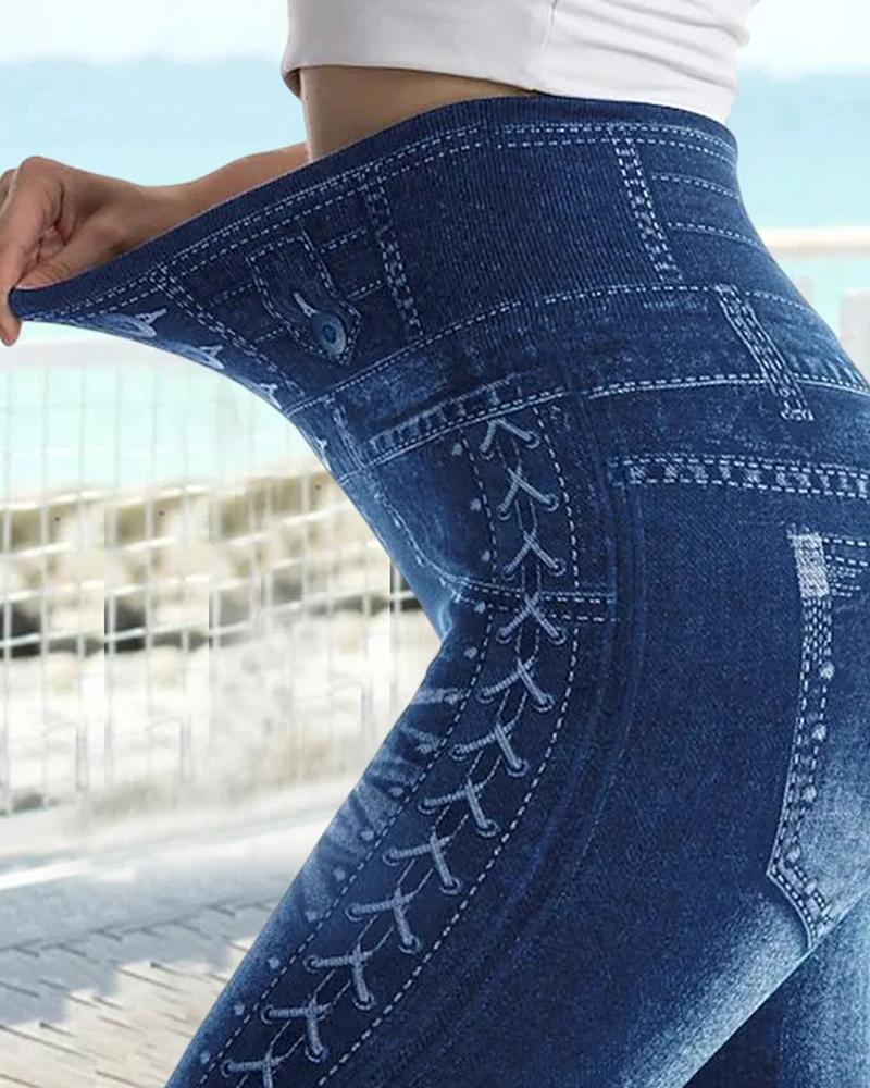 

Denim Look Print High Waist Tight Leggings, Dark blue