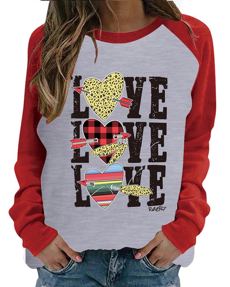 

Valentine' Day Plaid Cheetah Letter Heart Print Colorblock Top, Gray