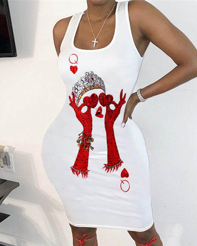 

Poker Figure Print Thick Strap Dress, White