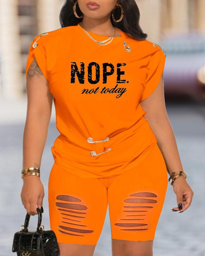 

Nope Not Today Print Short Sleeve Top & Shorts Set, Orange