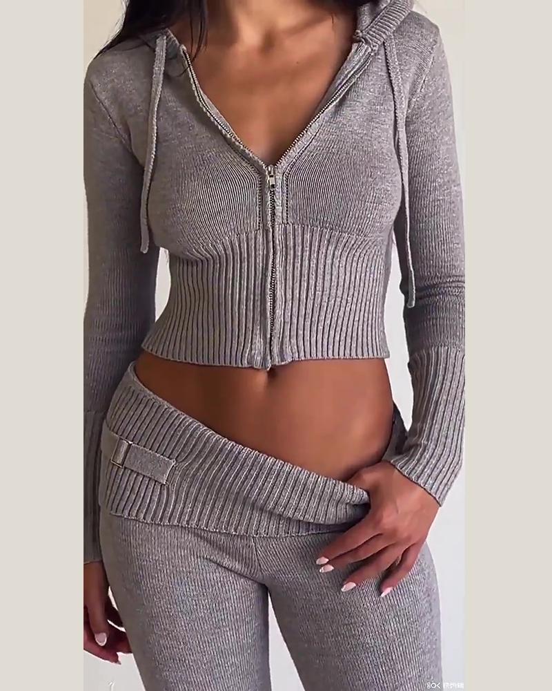 

Zipper Design Hooded Knit Top & Bootcut Pants Set, Gray
