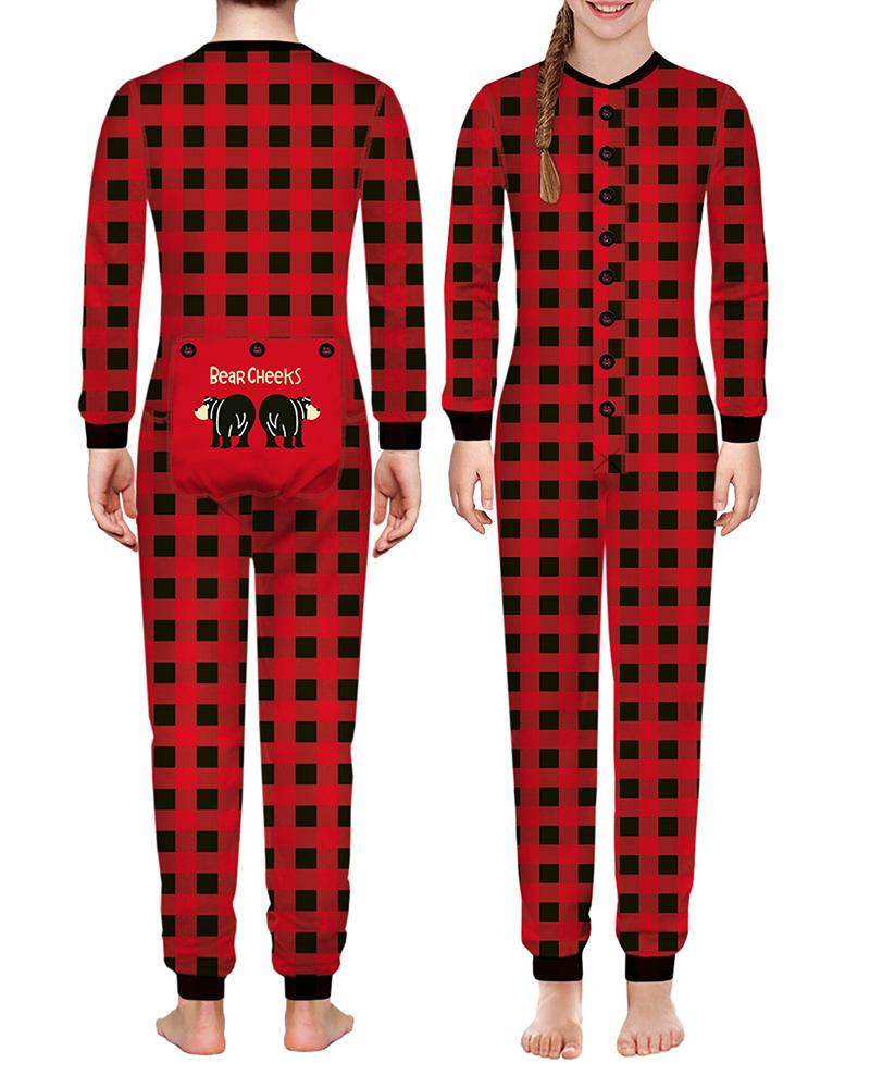

Christmas Cartoon Letter Plaid Print Functional Family Pajamas For Kids, Red