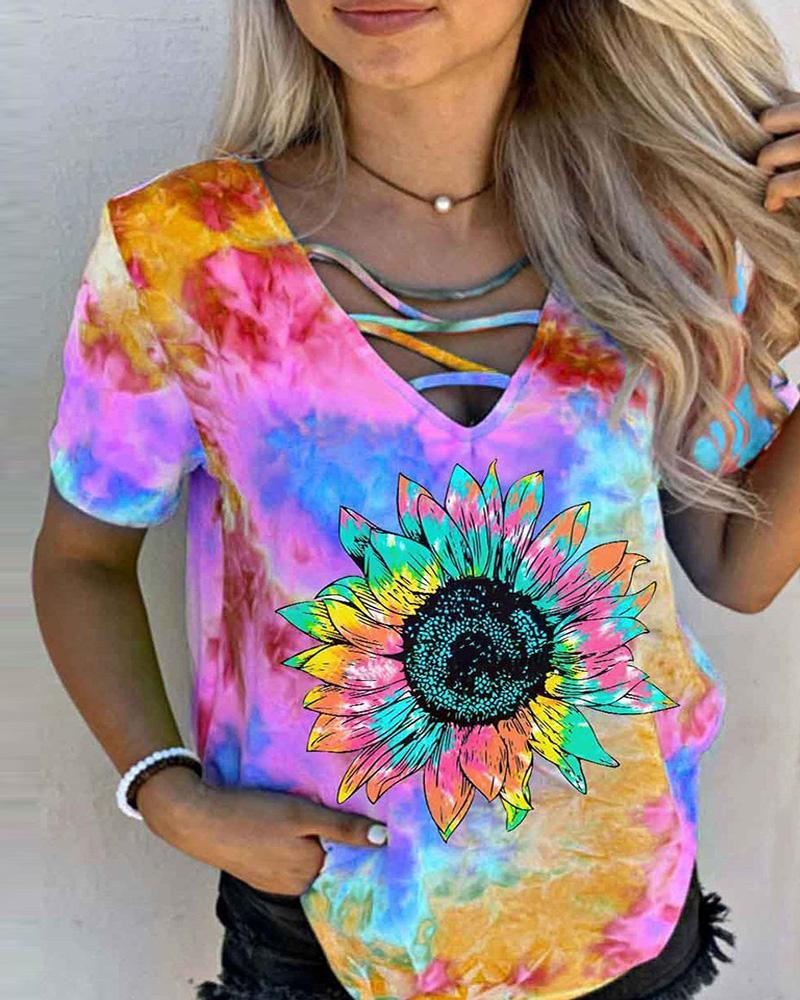 

Sunflower Print Colorblock Short Sleeve Casual T-shirt, Pink