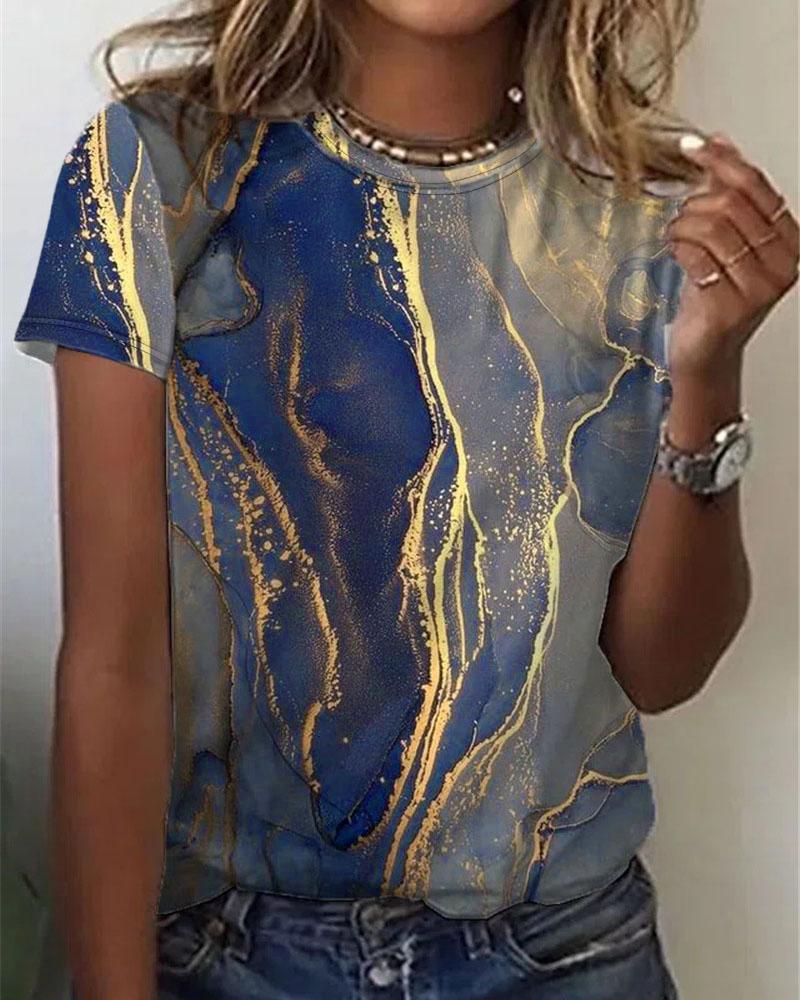 

Marble Print Short Sleeve Casual T-shirt, Blue