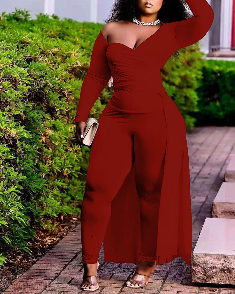 

Long Sleeve High Low Hem Wrap Top & Pants Set, Red