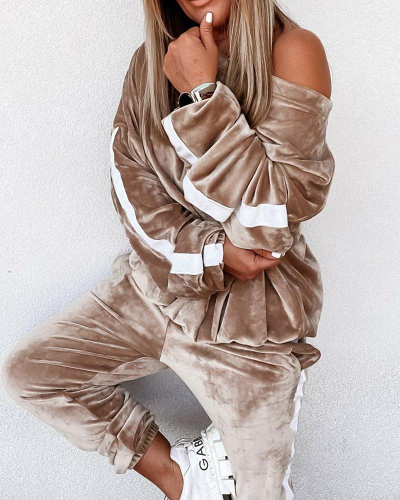 

Velvet Tape Patch Lantern Sleeve Top & Pants Set, Khaki