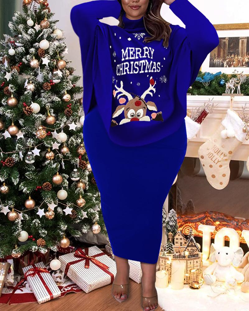 

Plus Size Christmas Elk Print Ribbed Top & Skirt Set, Blue