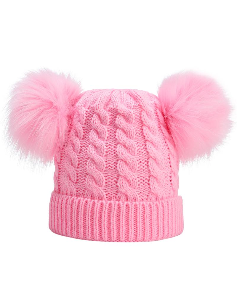 

Faux Fur Pom Pom Ears Knit Beanie Winter Hat, Pink